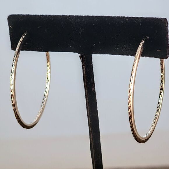 Sterling Inside Out Diamond Pattern 1 1/2" Sterling Hoop Earrings - Picture 1 of 6